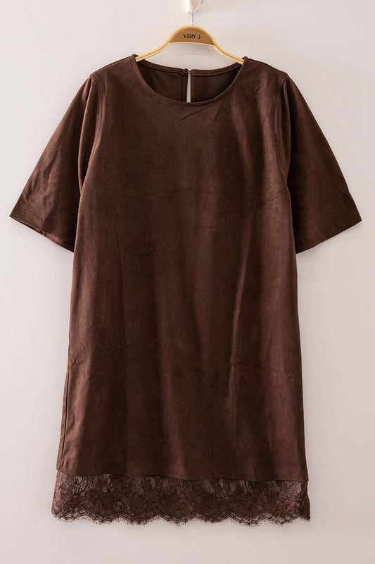 Chocolate Faux Suede Lace Hem Mini Dress