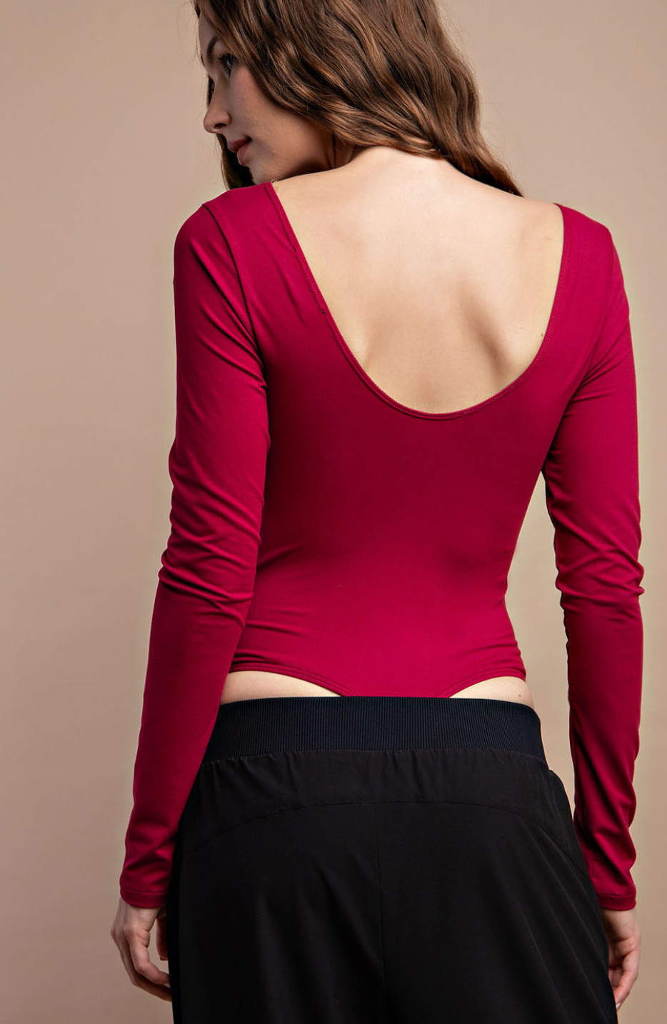 *Rae Mode Square Neck Long Sleeve Bodysuit (Burgundy)