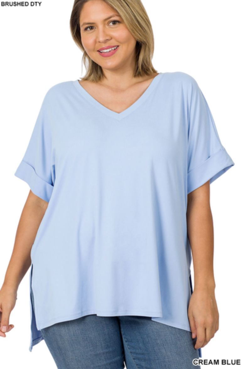 Rolled Short Sleeve V-Neck Top