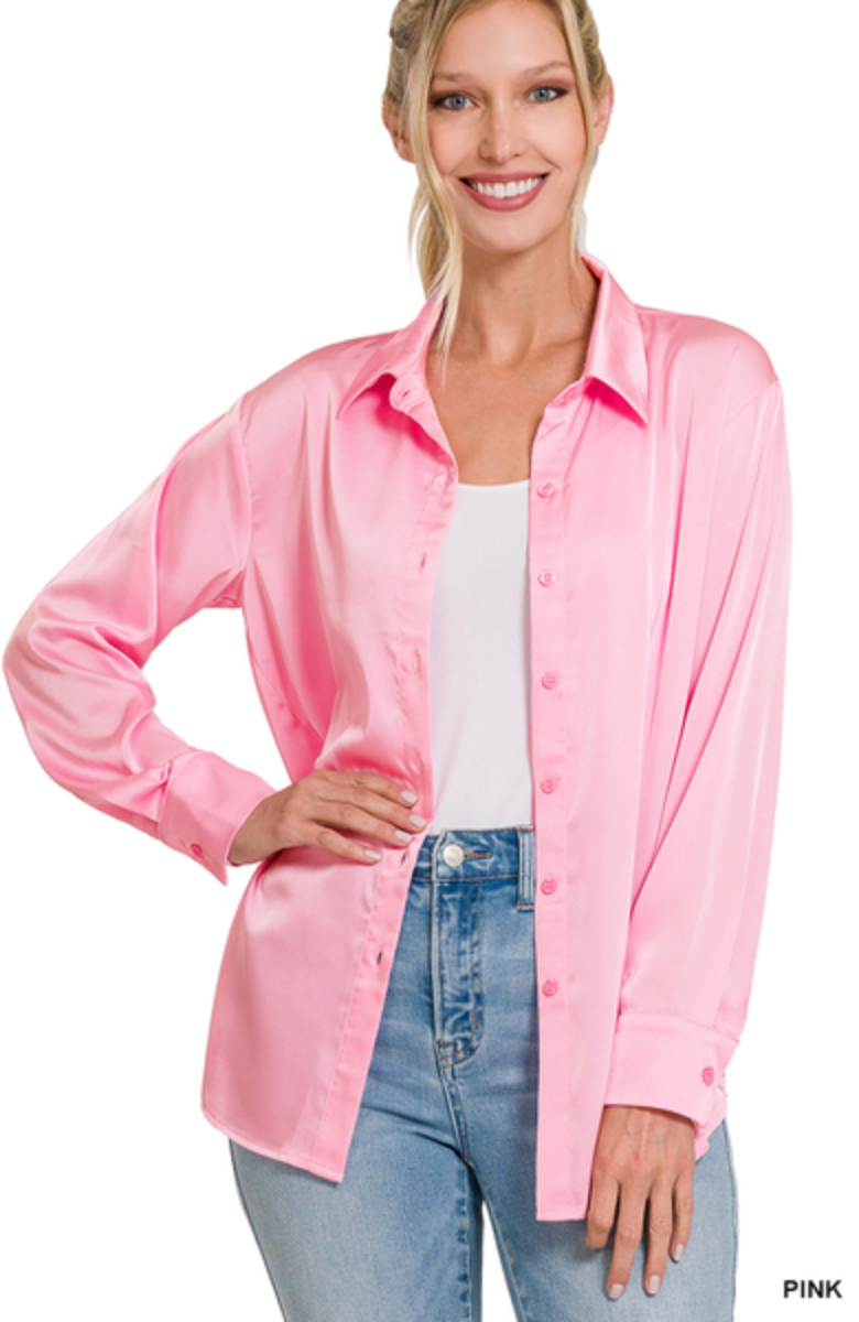 *Boss Babe Satin Button Up-LIGHT PINK