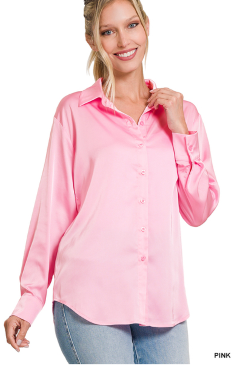 *Boss Babe Satin Button Up-LIGHT PINK