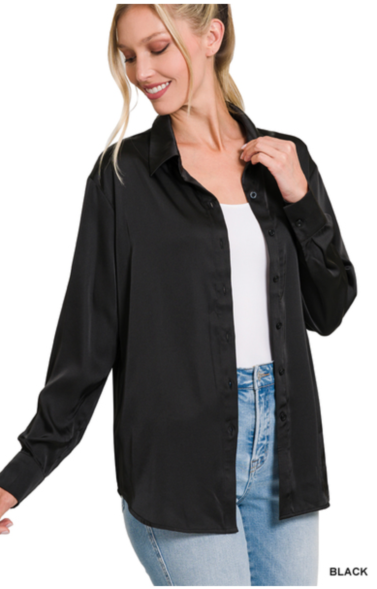 *Boss Babe Satin Button Up-BLACK