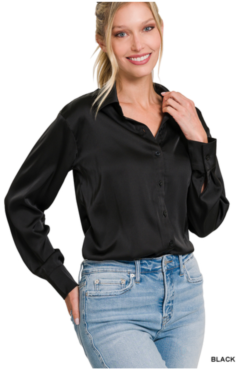 *Boss Babe Satin Button Up-BLACK