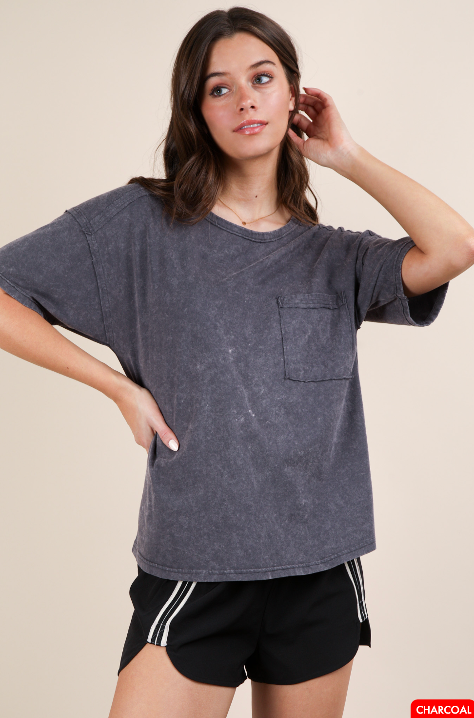 *Mineral Knit Top with pocket- CHARCOAL