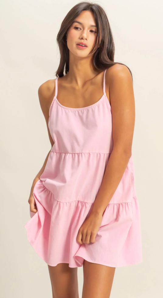 *Woven Tiered Spaghetti Strap Mini Dress- Light Pink