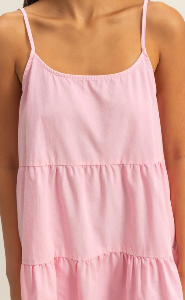 *Woven Tiered Spaghetti Strap Mini Dress- Light Pink