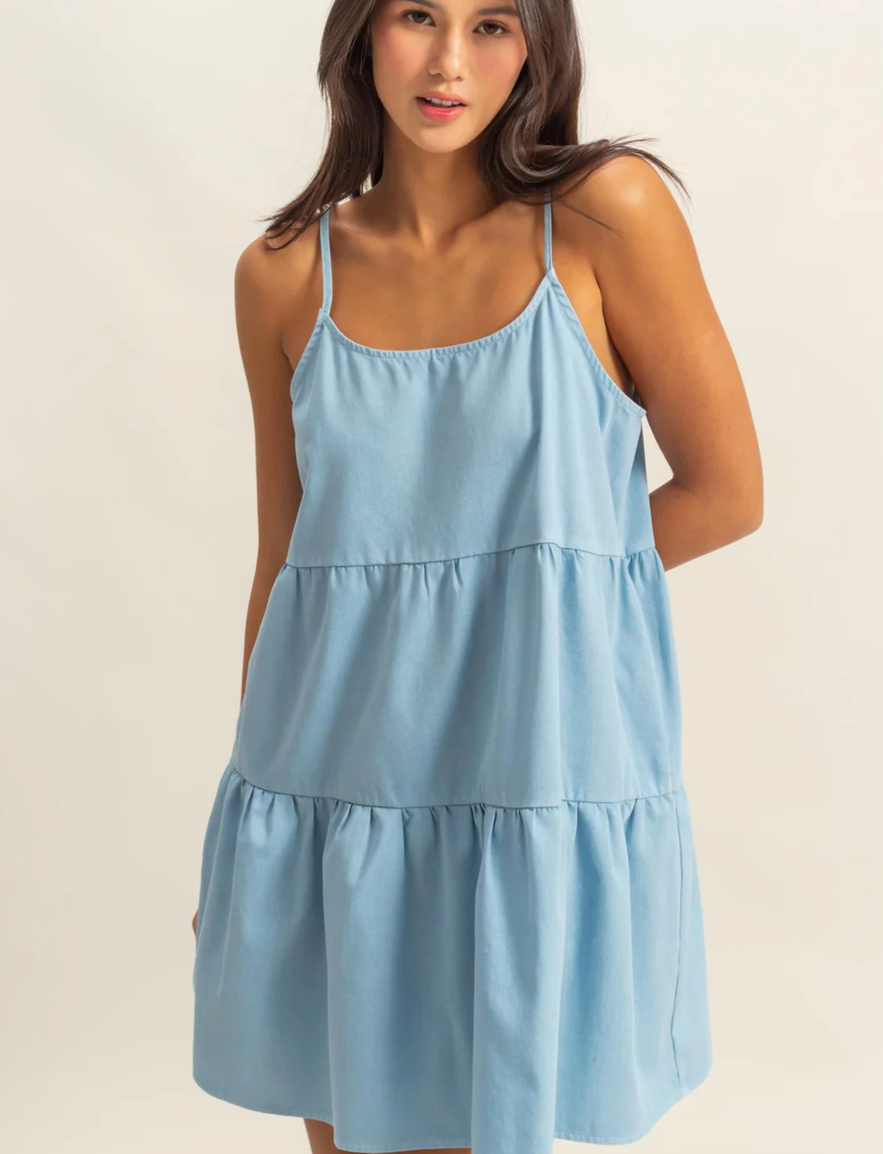 *Woven Tiered Spaghetti Strap Mini Dress- Baby Blue