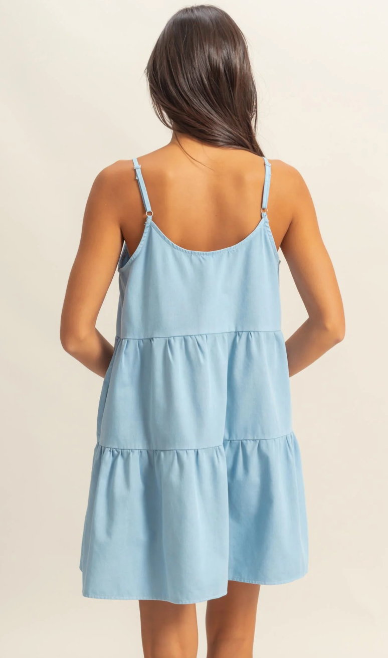 *Woven Tiered Spaghetti Strap Mini Dress- Baby Blue