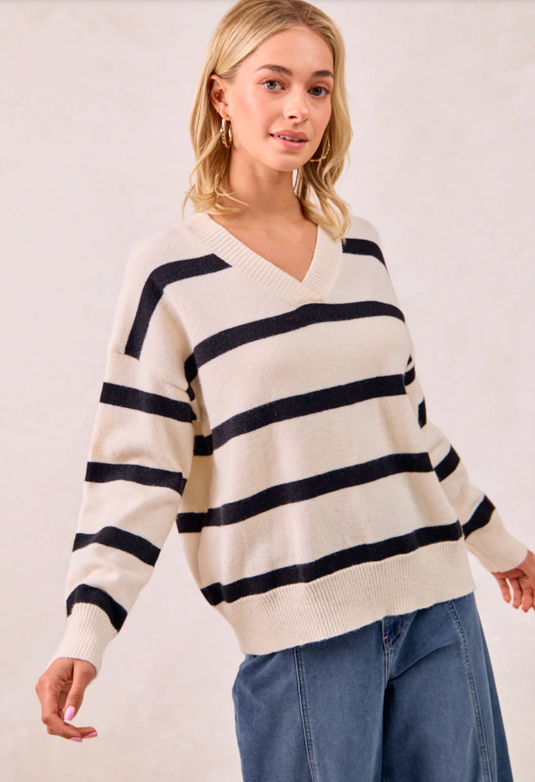 Striped Knit Sweater Top with V-Neckline