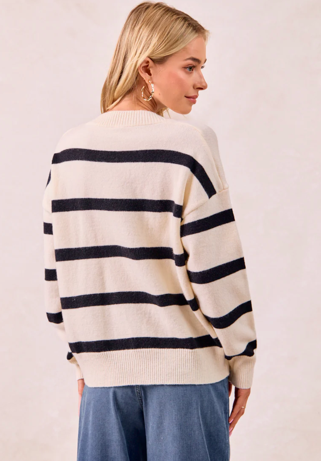 Striped Knit Sweater Top with V-Neckline