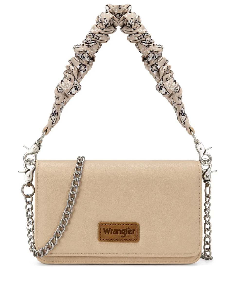 Wrangler Dual Strap Bandana Ruched Flap Crossbody Wallet Bag - Tan