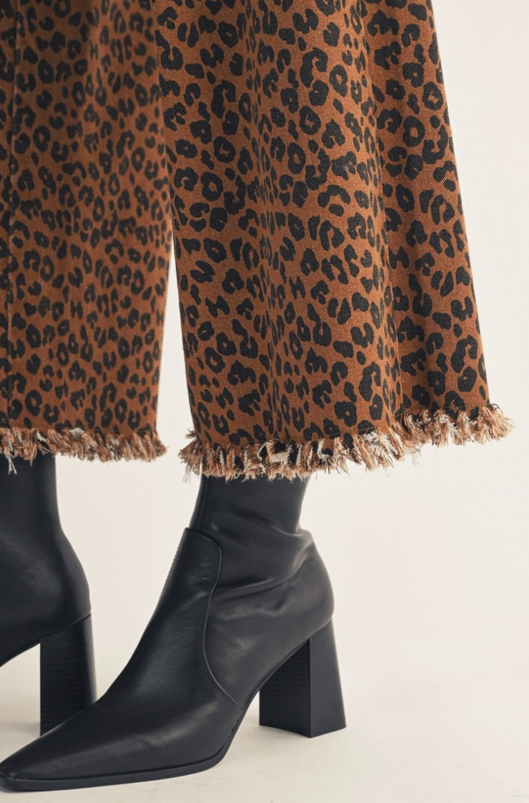 Leopard Frayed Hem Wide Leg Pants