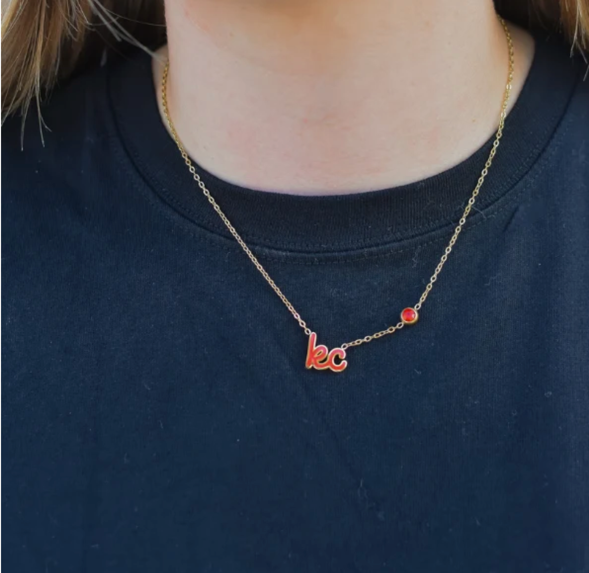 Red KC Script Necklace with Charm