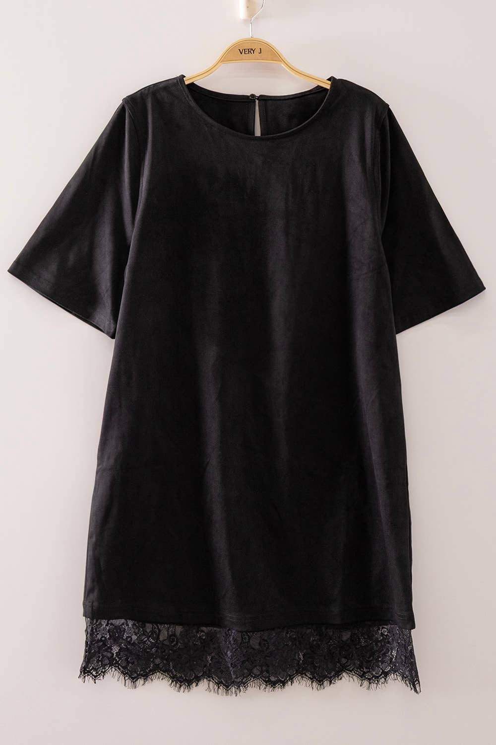 Black Faux Suede Lace Hem Mini Dress