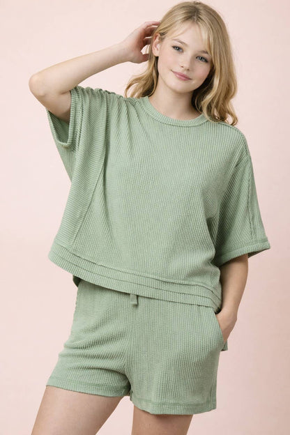 NT12686SET-Ribbed Knit Comfy Top & Shorts Set: OAT / S-M-L/2-2-2