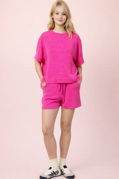 NT12686SET-Ribbed Knit Comfy Top & Shorts Set: OAT / S-M-L/2-2-2