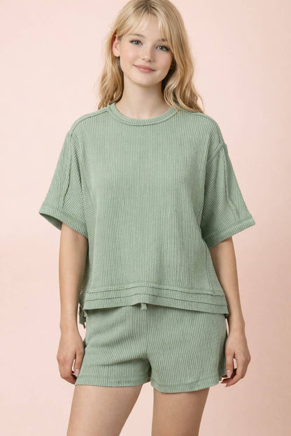 NT12686SET-Ribbed Knit Comfy Top & Shorts Set: OAT / S-M-L/2-2-2