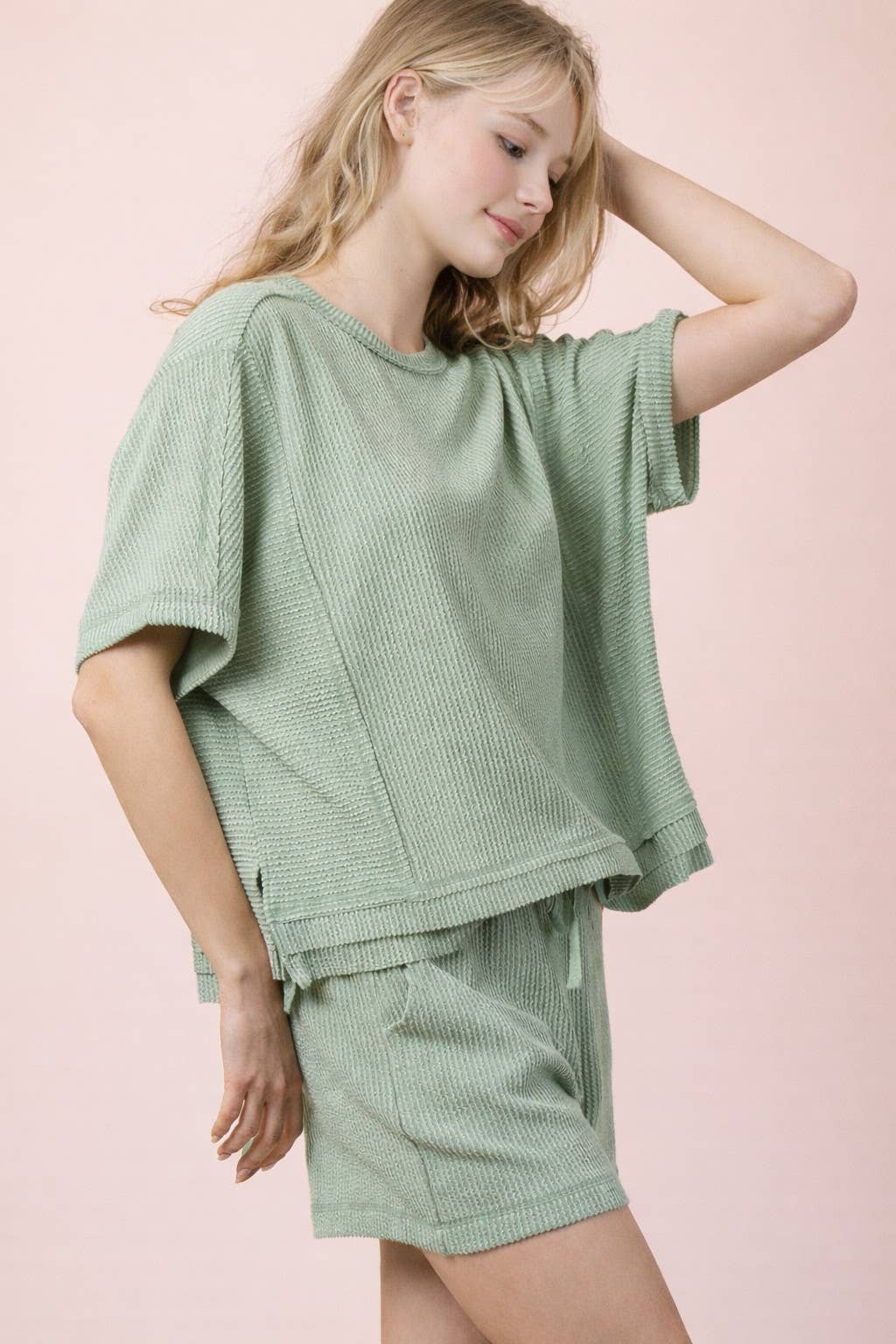 NT12686SET-Ribbed Knit Comfy Top & Shorts Set: OAT / S-M-L/2-2-2