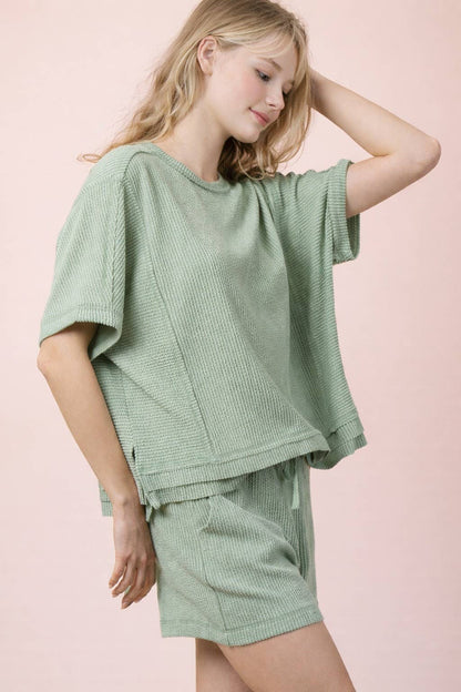 NT12686SET-Ribbed Knit Comfy Top & Shorts Set: OAT / S-M-L/2-2-2