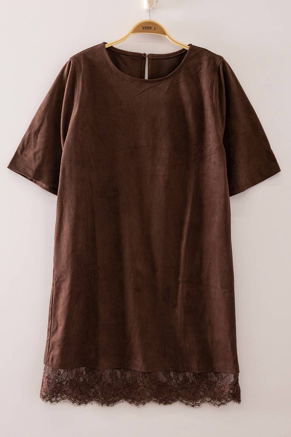 Black Faux Suede Lace Hem Mini Dress