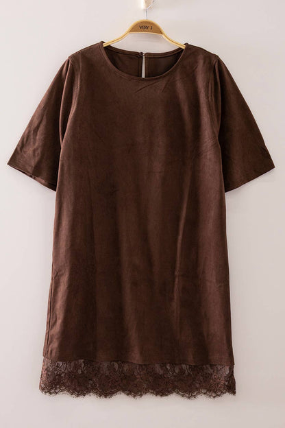 Black Faux Suede Lace Hem Mini Dress