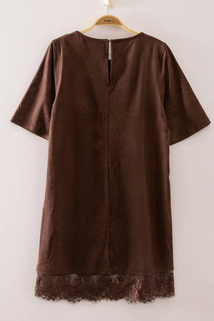 Black Faux Suede Lace Hem Mini Dress