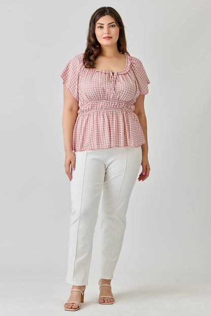 PLUS- Geometric Print Smocked Peplum Top