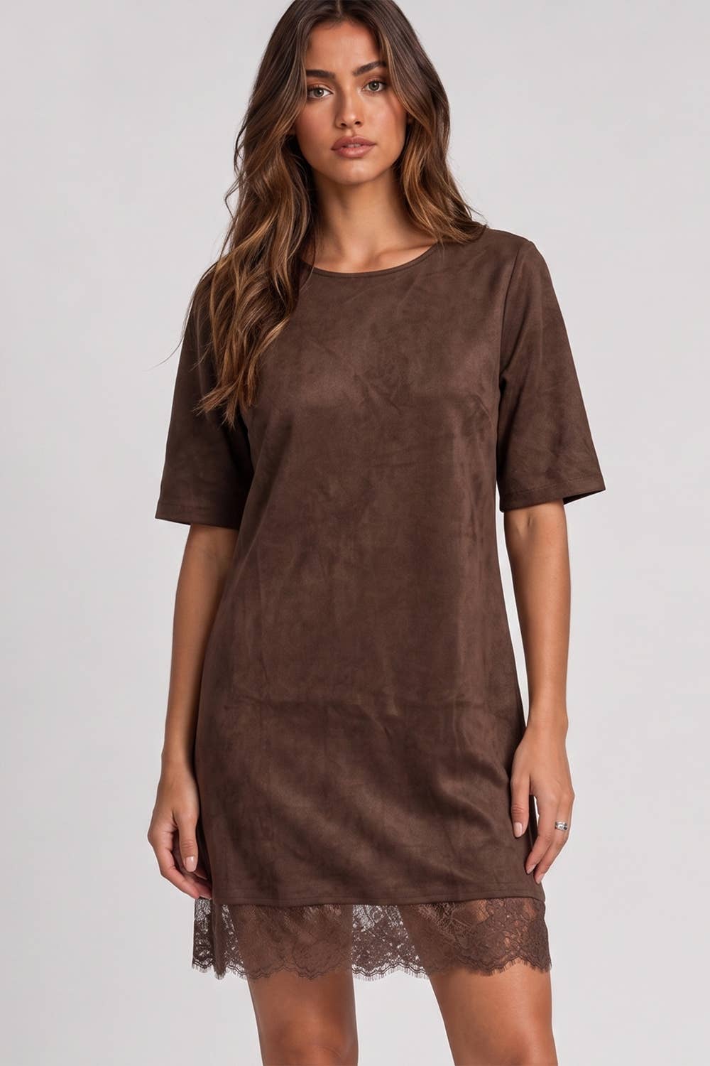 Black Faux Suede Lace Hem Mini Dress