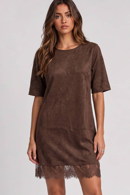 Chocolate Faux Suede Lace Hem Mini Dress