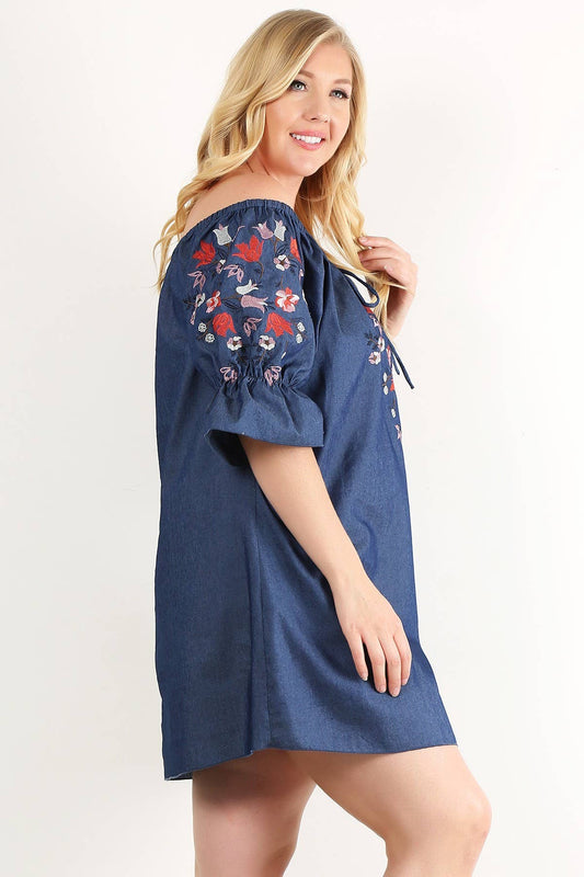 PLUS- Off Shoulder Floral Embroidery Dress