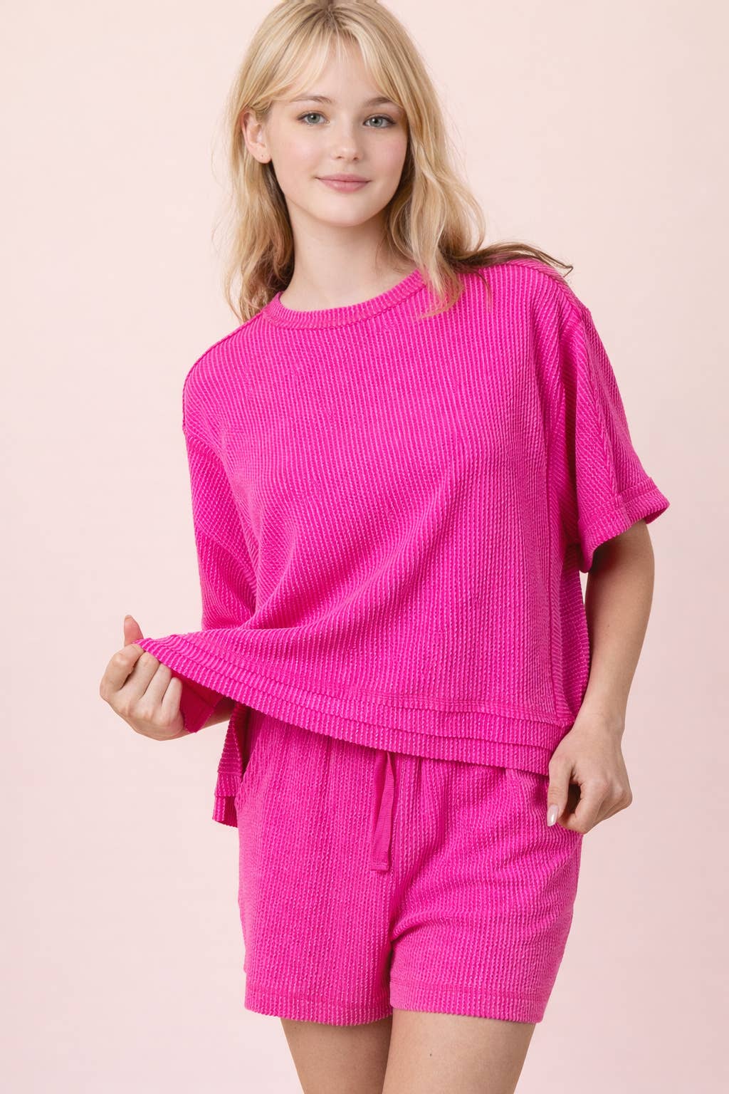 NT12686SET-Ribbed Knit Comfy Top & Shorts Set: OAT / S-M-L/2-2-2