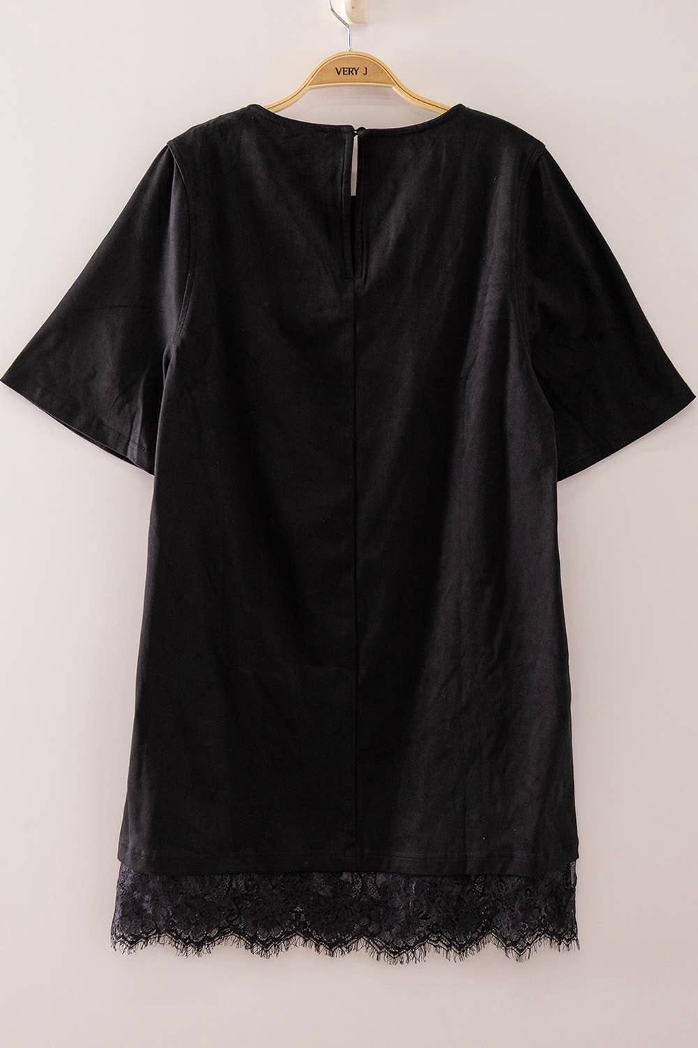 Black Faux Suede Lace Hem Mini Dress
