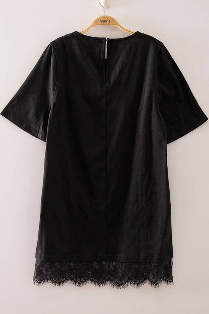 Black Faux Suede Lace Hem Mini Dress