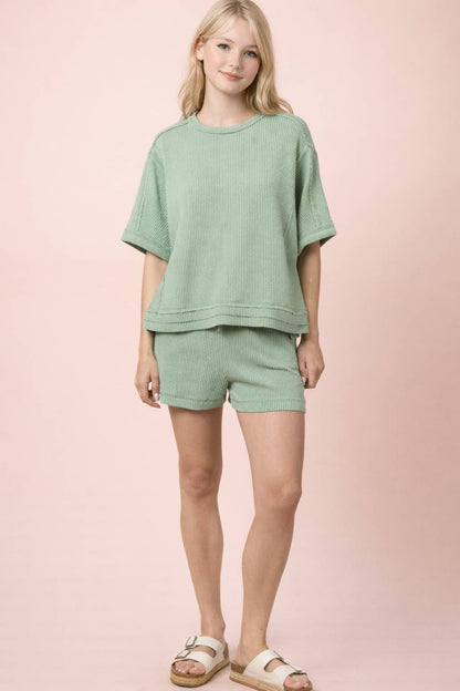 NT12686SET-Ribbed Knit Comfy Top & Shorts Set: OAT / S-M-L/2-2-2