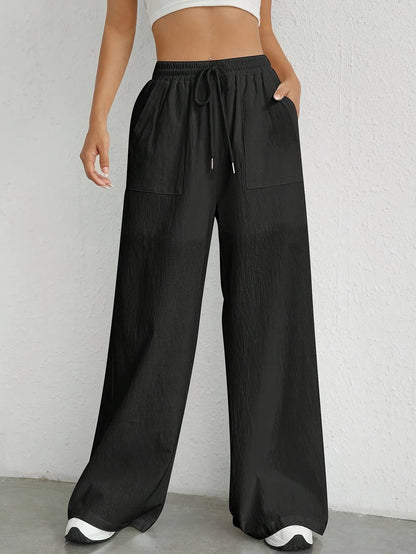 Solid drawstring wide leg pants slacks
