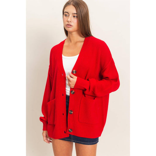 Oversized Knit Cardigan- Red