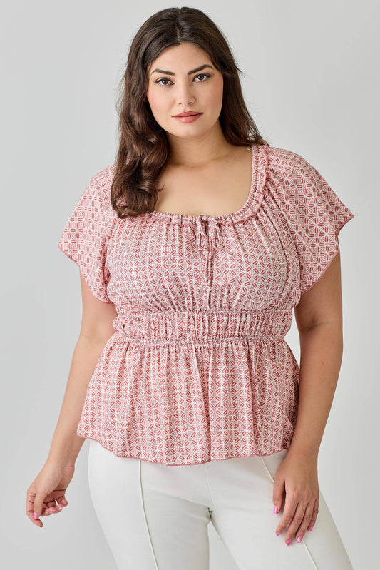 PLUS- Geometric Print Smocked Peplum Top