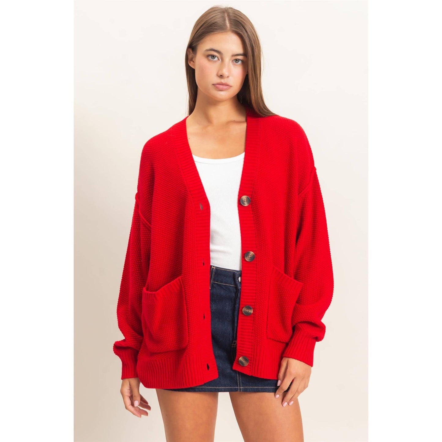 Oversized Knit Cardigan- Red