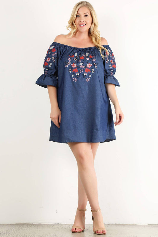 PLUS- Off Shoulder Floral Embroidery Dress