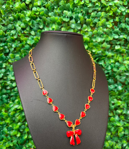 Red Heart Link Bow Necklace