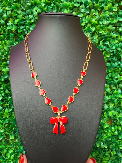 Red Heart Link Bow Necklace
