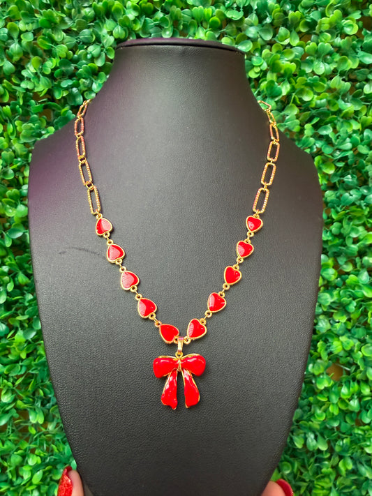Red Heart Link Bow Necklace