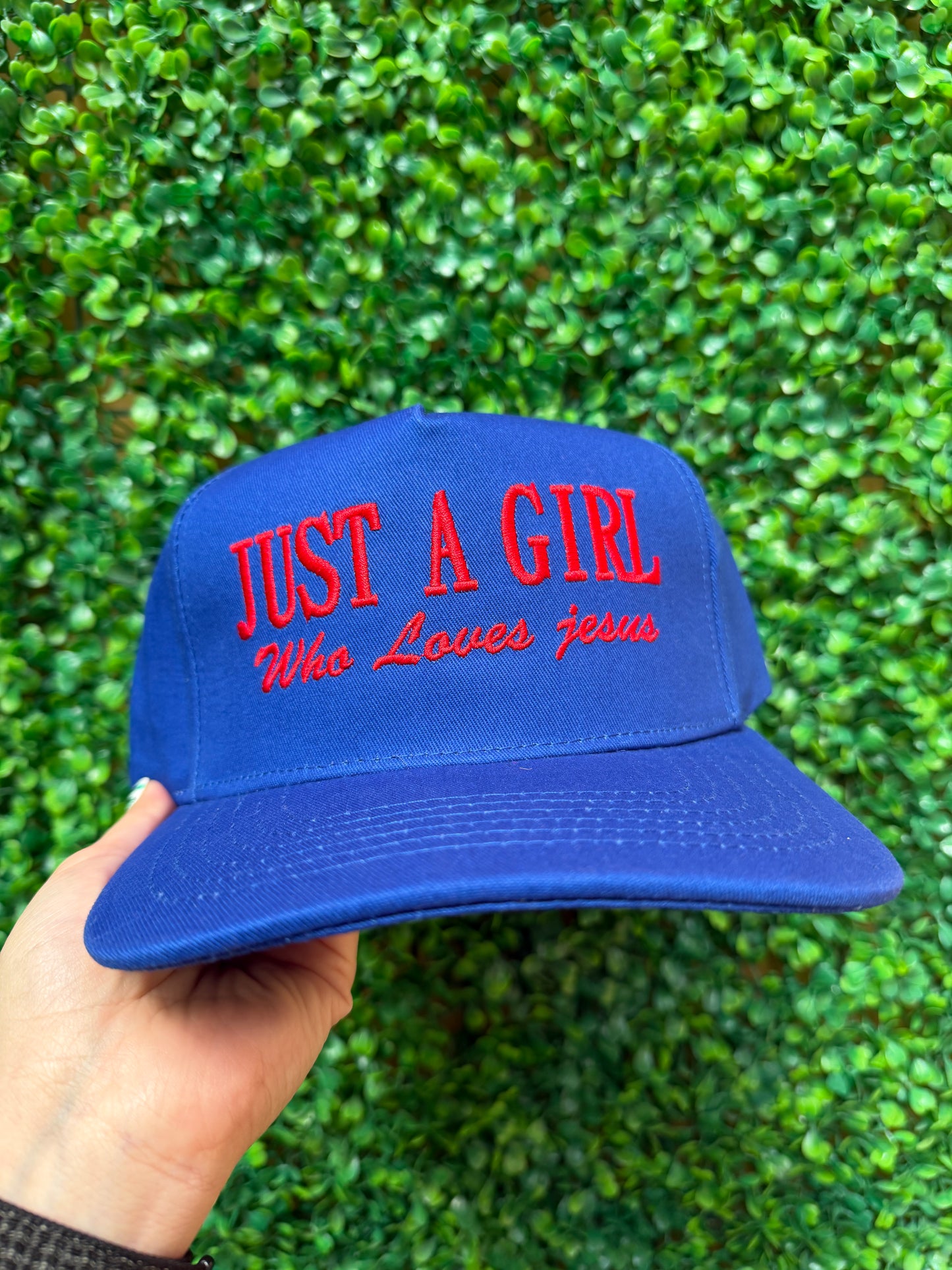 Just a Girl Who Loves Jesus Trucker Hat- Blue