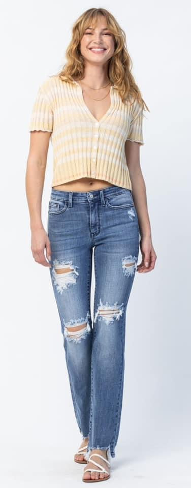 Janice Judy Blue Destroyed Straight Mid-Rise Jeans