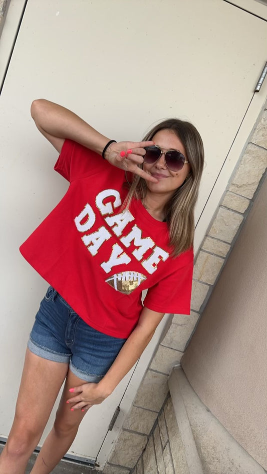 Red Game Day Sequin Patch Top