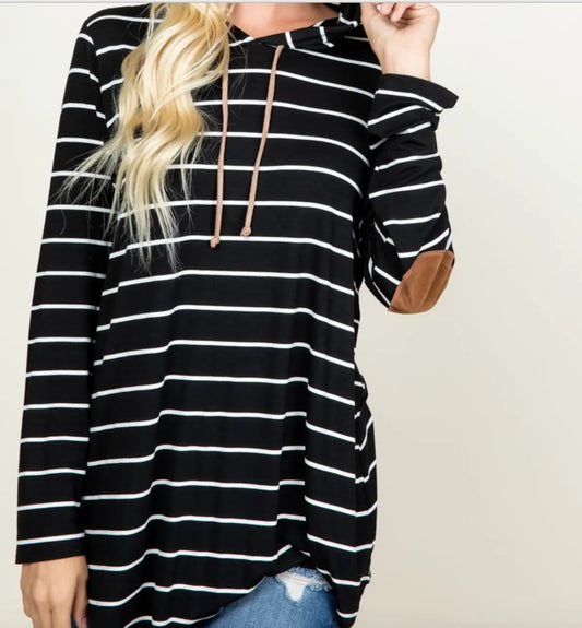 Striped Hoodie with Faux Suede Elbow Patches