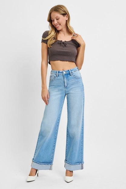 Risen High Rise Long Inseam Wide Leg Jeans