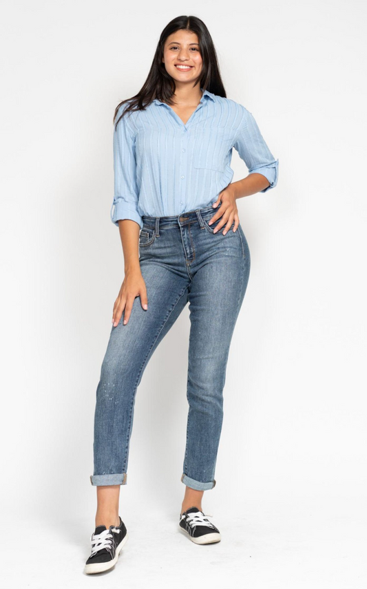 Kellie Judy Blue High Rise Bleach Splash Boyfriend Jeans