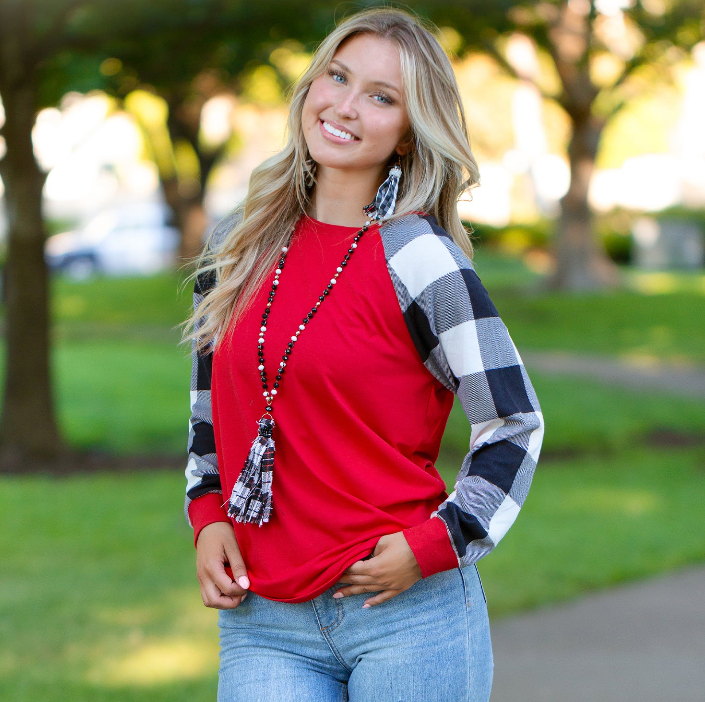 Plaid Long Sleeve Top- RED