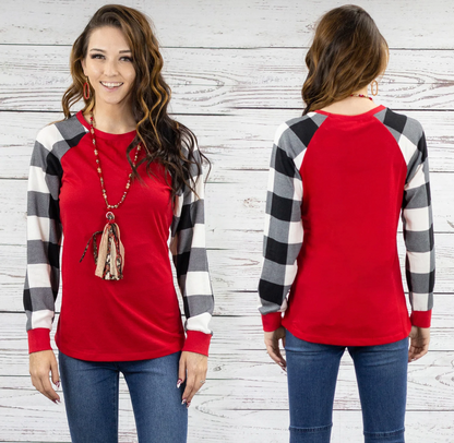 Plaid Long Sleeve Top- RED